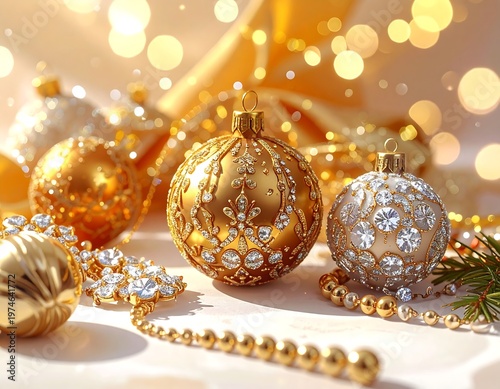 Golden Christmas ornaments and beads on white surface