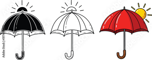 Beach umbrella icon. Vacation symbol. Sun and sea beach vector illustration. Holiday travel sign. Seaside sand coast. Sunshade pictogram. Resort relaxation trip. Summer relax tour journey. Sun parasol