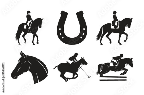 Equestrian activities silhouette vector bundle set with riders.