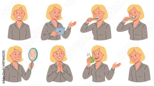 Female character set daily dental care, medical hygiene, personal health routines and poses
