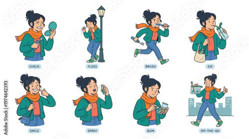 Cartoon character set illustrating daily dental care, personal hygiene, and healthy lifestyle activities