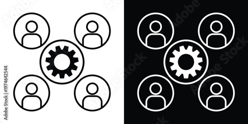 Modern icon featuring four people surrounding a central gear. Symbolizes business operations, technical teamwork, project management, and organizational workflow synchronization.