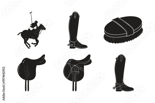 Equestrian polo and riding gear silhouette vector bundle set.