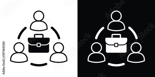 Business icon of three people revolving around a briefcase. Represents human resources, workforce management, job recruitment, professional services, and team-based business projects.