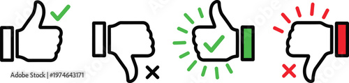 Transparent PNG available
Like dislike icon. Outline thumbs with check and cross marks for approve or reject feedback symbol. Clear vote gesture for UI rating sign. Minimal choice action for web inter