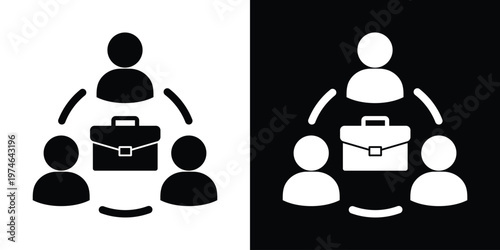 Business icon of three people revolving around a briefcase. Represents human resources, workforce management, job recruitment, professional services, and team-based business projects.