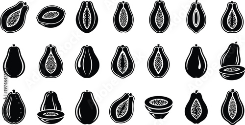 Black and white of pears cut in half whole and sliced fruit