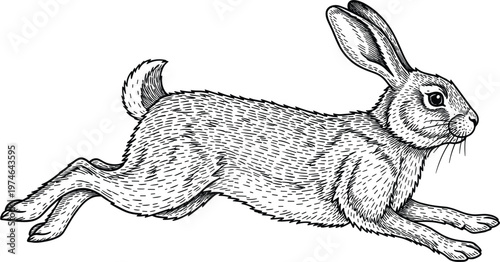 Running rabbit vintage engraving vector ink line art illustration for packaging isolated on white
