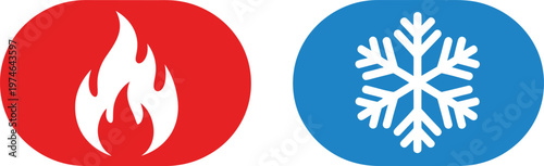 Hot and cold icon set. Heat and freeze vector illustration. Cool and warm temperature symbol. Red fire and blue snowflake sign. Climate control buttons.