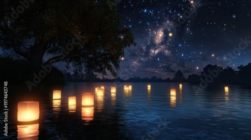 Numerous glowing lanterns drift on a dark river under a vast starry night sky, creating a magical, reflective scene