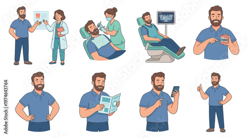 Illustrated Character Set Dental Care, Healthcare Poses, and Everyday Lifestyle Activities