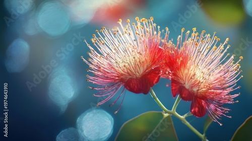 Vibrant Coastal Flowers Blooming with Delicate Red Petals and Bright Yellow Stamens Against a Soft Blue Background
