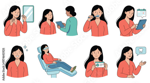 Female Character Set Dental Care, Healthcare, and Medical Routine Activities Collection