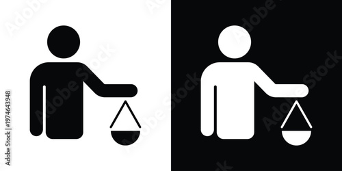 Icon of a person holding balance scales. Represents business ethics, legal justice, work-life balance, equality, and professional decision-making in a clean black and white style.