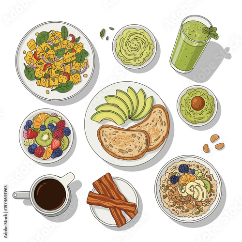 Overhead view of a healthy and diverse breakfast spread featuring tofu scramble, avocado toast, fruit, oatmeal, and beverages.