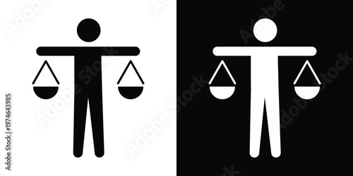 Icon of a person holding balance scales. Represents business ethics, legal justice, work-life balance, equality, and professional decision-making in a clean black and white style.