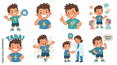 Adorable Child Character Set Engaging in Dental Care and Healthcare Activities Collection for Healthy Living