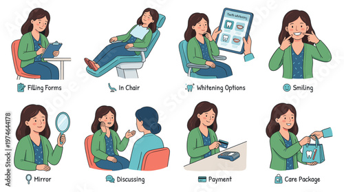 Character Set Illustrating Dental Care Journey Patient Healthcare Medical Poses and Activities Collection