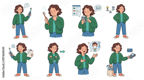 Healthcare and Dental Care Character Set Medical Poses and Routine Activities