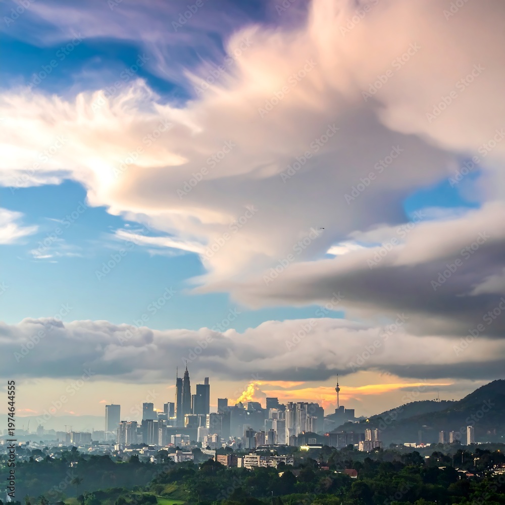 Fototapeta premium A scenic urban panorama, capturing a city skyline with modern architecture beneath a dramatic, cloudy sky
