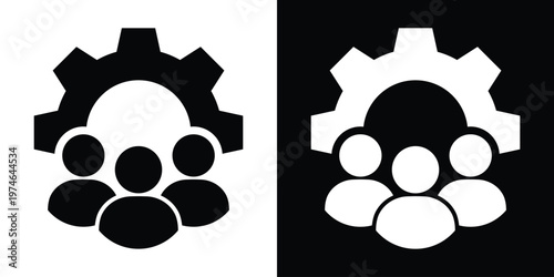 Vector icons of a group of three people behind a large gear. Symbolizes workforce management, technical teamwork, industrial human resources, and business operations integration.