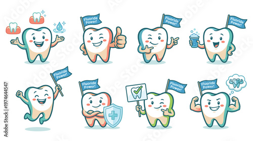 Medical healthcare collection of happy tooth characters in diverse activities
