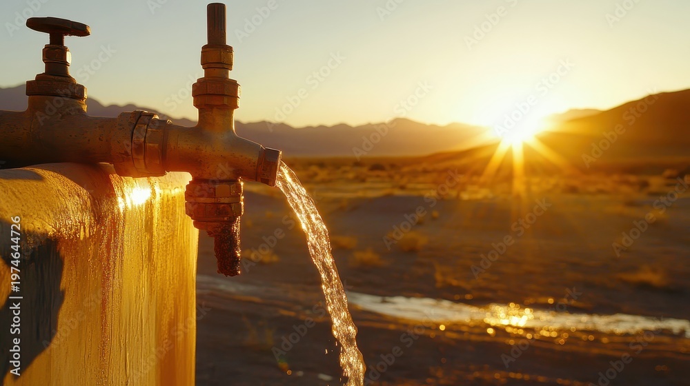 Obraz premium Water faucet flowing with precious water in an arid desert landscape at sunset, showcasing conservation efforts in dry regions.