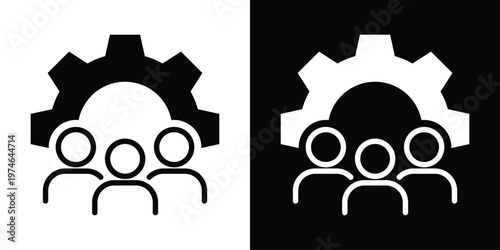 Vector icons of a group of three people behind a large gear. Symbolizes workforce management, technical teamwork, industrial human resources, and business operations integration.