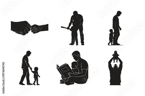 Father and child silhouette set bundle showing parenting activities.