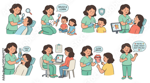 Diverse Dental Care Activities and Healthcare Poses in a Character Set Illustration