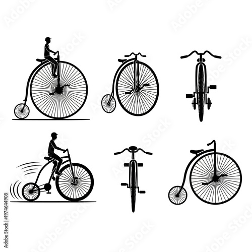 Vintage Bicycle Collection: Penny Farthing, Ordinary, and Safety Bicycle Illustrations