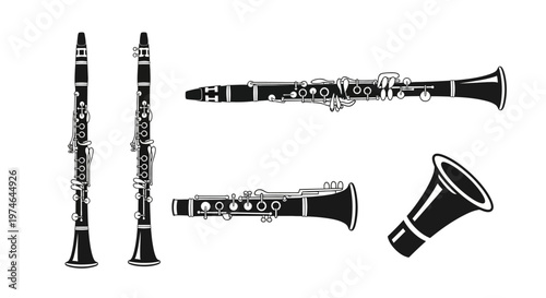 Black and White Illustration of a Clarinet and its Bell - Musical Instrument Icon