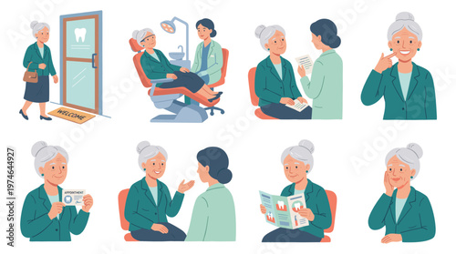 Illustrative Character Set Depicting Senior Woman's Dental Care, Healthcare, and Medical Poses and Activities