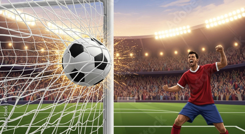 Vector illustration of the exact moment of the goal, ball entering the net with particles of light, crowd exploding in emotion, cinematic close-up.