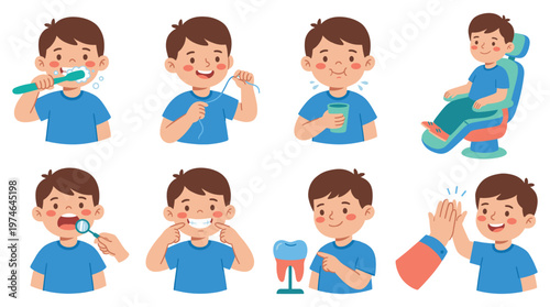 Cartoon Boy Character Set Illustrating Dental Care, Healthcare, and Oral Hygiene Activities Collection