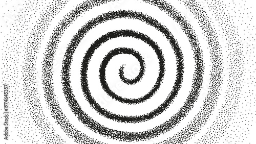 Abstract grainy gradient vortex flow. Vector gritty spiral with optical illusion. Tunnel with black stipple texture effect. Swirl of gritty pattern made by black dots or particles with stipple effect.