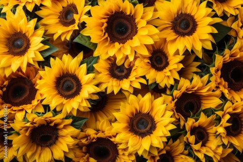 Many sunflowers filling the frame create a bright summer background