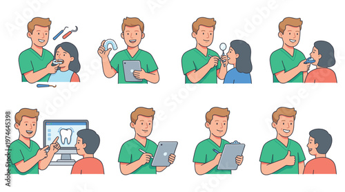 Comprehensive Character Set Illustrating Dental Care and Medical Healthcare Activities for Patients