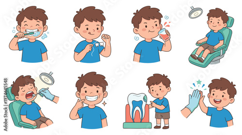Adorable Character Set Illustrating Boy's Dental Care, Healthcare, and Medical Poses for Oral Hygiene Activities Collection