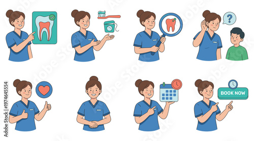Friendly dental care character set showing healthcare poses and medical activities collection