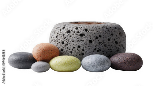 A collection of colorful stones and a porous rock on a black background