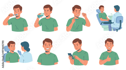 Comprehensive character set illustrating dental care activities and medical poses for promoting oral health awareness