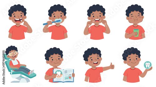 Cute Young Boy Character Set Illustrates Dental Care Healthcare Poses and Activities Collection