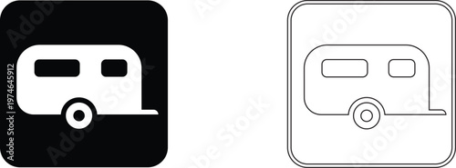 Camper Trailer Icon Bundle Silhouette and Outline Vector Illustration