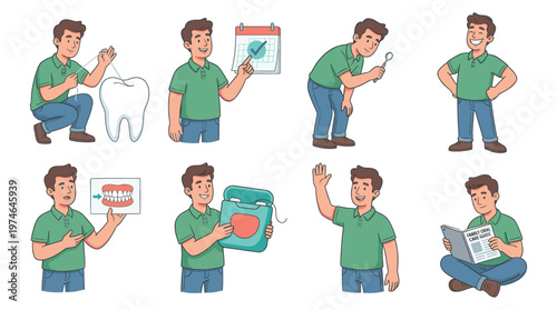 Collection of Character Poses Showcasing Dental Care and Medical Hygiene Activities