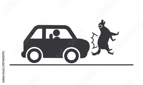 Isolated monochrome pictogram of car hitting dog indicating slow down, warning for pets crossing road, and animal safety awareness symbol
