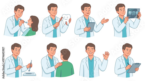 Comprehensive Dentist Character Set Illustrating Dental Care, Medical Healthcare Poses and Professional Activities Collection