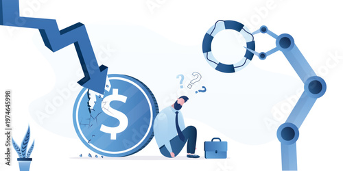 Robotic arm offers lifebuoy to stressed businessman sitting by cracked dollar coin and falling arrow, AI assistance during financial crisis. Chat bot supported worker man.
