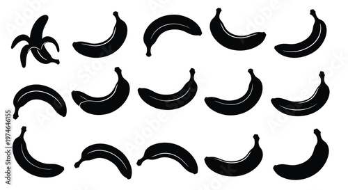 Black silhouettes of bananas in various stages of ripeness fruit peeled banana unpeeled bananas