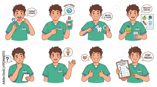 Dental Care Character Set Healthcare Professional Demonstrating Oral Hygiene and Medical Activities